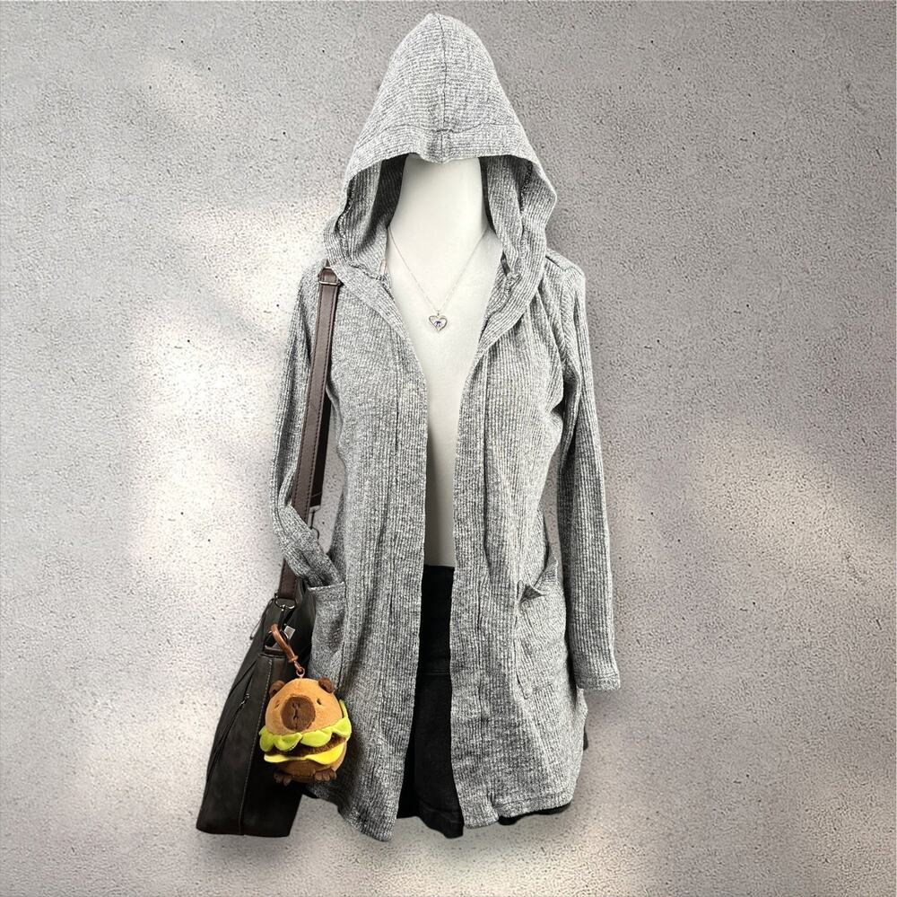 Haute Monde Ribbed Cardigan Womens S Gray Open Hood Y2K Twilight Grunge Academia